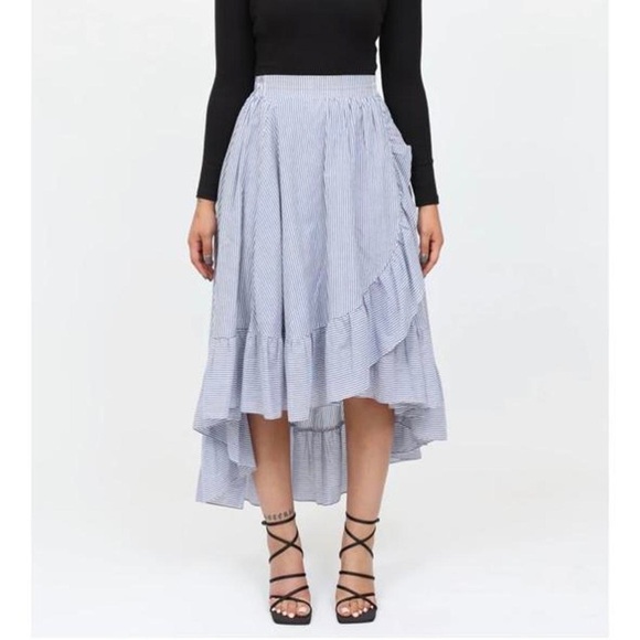 Maje High Low Striped Blue Ruffle Midi Skirt Size 1 - Picture 3 of 10